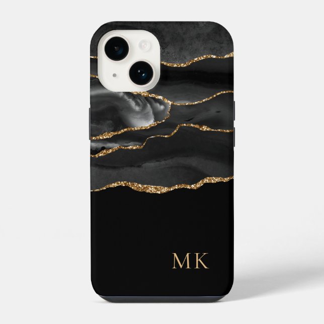 Coque iPhone Marbre Moderne Or et Noir Agate Monogramme (Verso)
