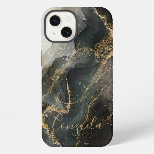 Coque iPhone Marbre noir abstrait or  (Verso)
