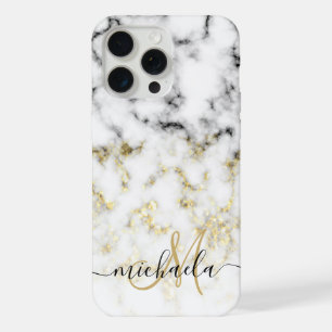 Coque iPhone 15 Pro Max Marbre noir blanc or scintillant bling Monogramme