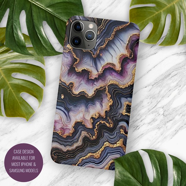 Coque iPhone Marbre noir bleu violet or motif (Créateur téléchargé)