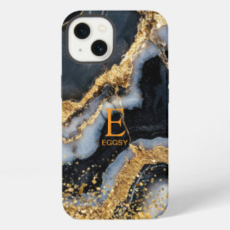 Etui iPhone 13 Marbre noir chic monogramme paillettes dorées