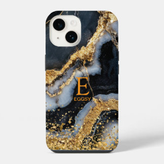 Coque Pour iPhone 14 Marbre noir chic monogramme paillettes dorées