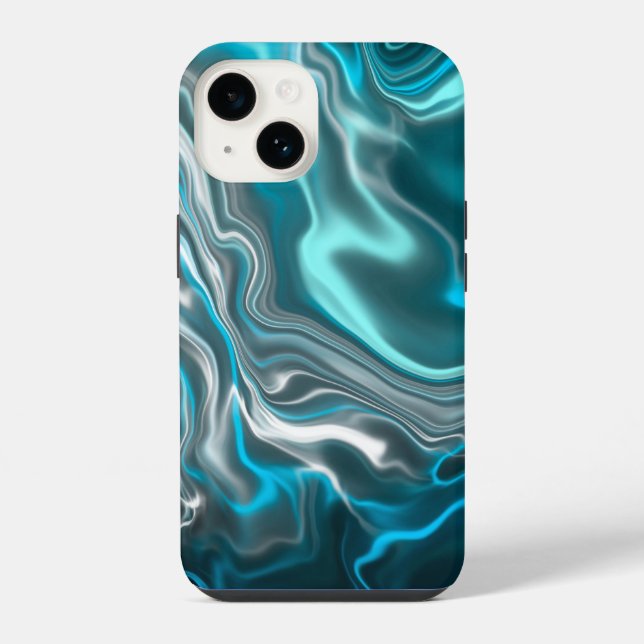 Coque iPhone Marbre noir et bleu Fluide Art (Verso)
