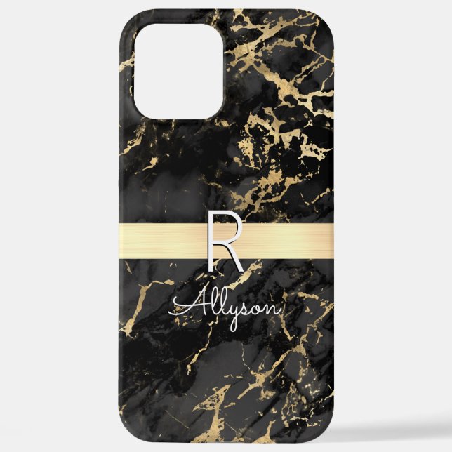 Coque iPhone Marbre noir et or, Barre d'or, Monogramme de nom b (Verso)
