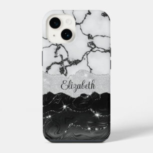 Coque Pour iPhone 14 Marbre noir moderne Faux Parties scintillant Monog