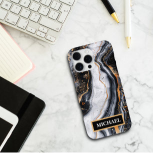 Coque iPhone 16 Pro Max Marbre Noir Personnalisé avec Impression Or Tendan