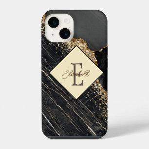 Coque Pour iPhone 14 Marbre noir tendance, sequins dorés monogramme