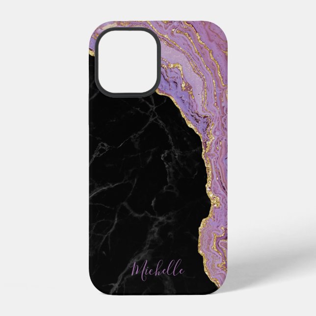 Coque iPhone Marbre Noir Tendance Violet & Agate Dorée avec Nom (Verso)