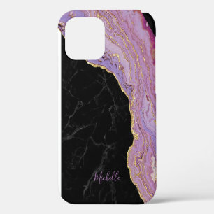 Coque iPhone 12 Marbre Noir Tendance Violet & Agate Dorée avec Nom