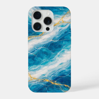Coque iPhone 15 Pro Marbre Océan avec Tourbillons Blancs et Veinures D