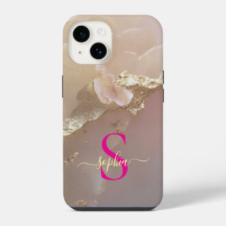 Coque Pour iPhone 14 Marbre or rose gold pailleté monogramme