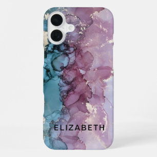 Coque iPhone 16 Plus marbre or rose poudré et bleu personnalisé