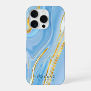 Coque iPhone 16 Pro Marbre Pailleté Or Ciel Bleu Personnalisable