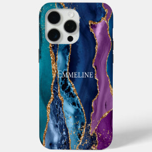 Coque iPhone 15 Pro Max Marbre Pailleté Turquoise Violet Bleu Or