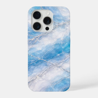 Coque iPhone 15 Pro Marbre Paysage Hivernal Glacé avec Veinures Argent