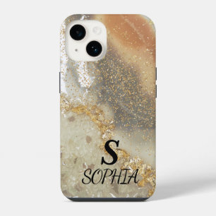 Coque Pour iPhone 14 Marbre rose chic monogramme paillettes or doré