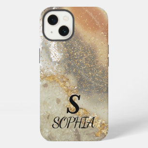 Etui iPhone 13 Marbre rose chic monogramme paillettes or doré