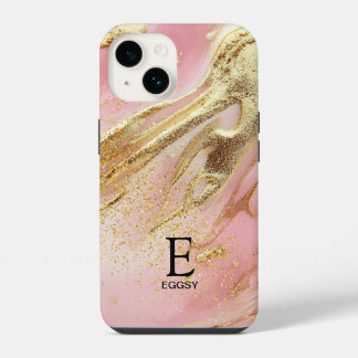 Coque Pour iPhone 14 Marbre rose chic monogramme paillettes or doré