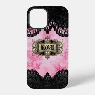Coque iPhone 12 Marbre Rose Élégant Monogramme Romantique