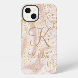 Etui iPhone 13 Marbre rose et blanc tourbillonnant paillettes dor