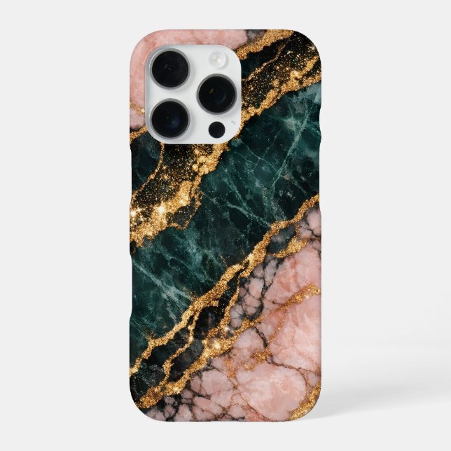 Coque iPhone marbre rose et or et vert foncé pailleté (Verso)