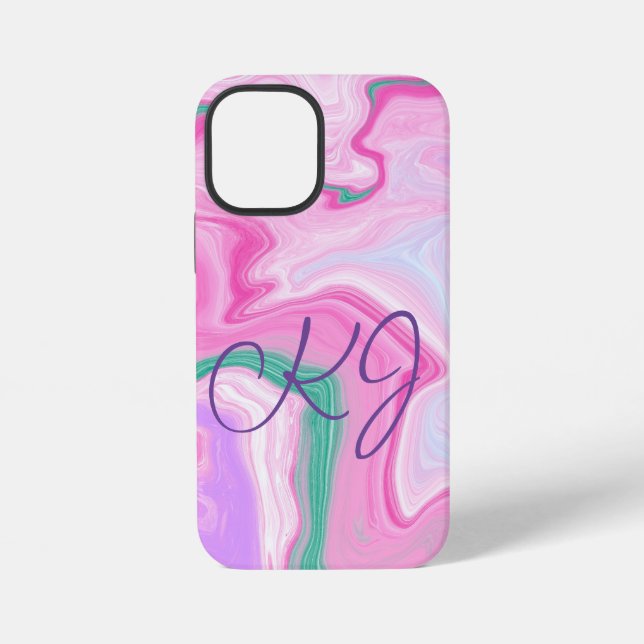 Coque iPhone Marbre Rose, Violet, Vert Menthe Art Monogrammé  (Verso)