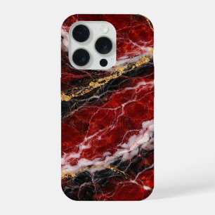 Coque iPhone 15 Pro Marbre Rouge Rouge à Lèvres avec Veines Noires, Bl