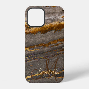 Coque iPhone 12 Marbre texture monogramme brun doré Cool