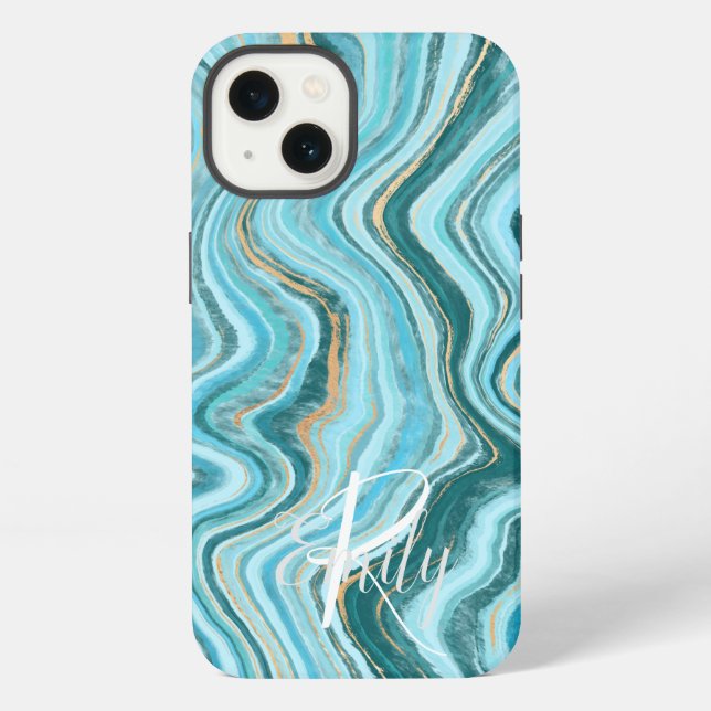 Coque iPhone Marbre turquoise et Tan Agate Nom Abstrait Monogra (Verso)