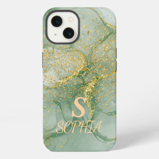 Etui iPhone 13 Marbre vert chic paillettes dorées monogramme