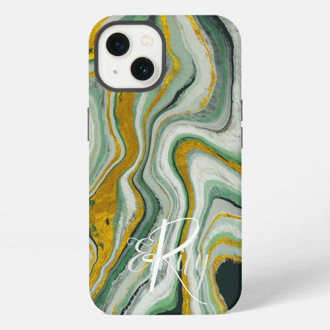 Coque iPhone Marbre vert et or Agate Nom Abstrait Monogramme (Verso)
