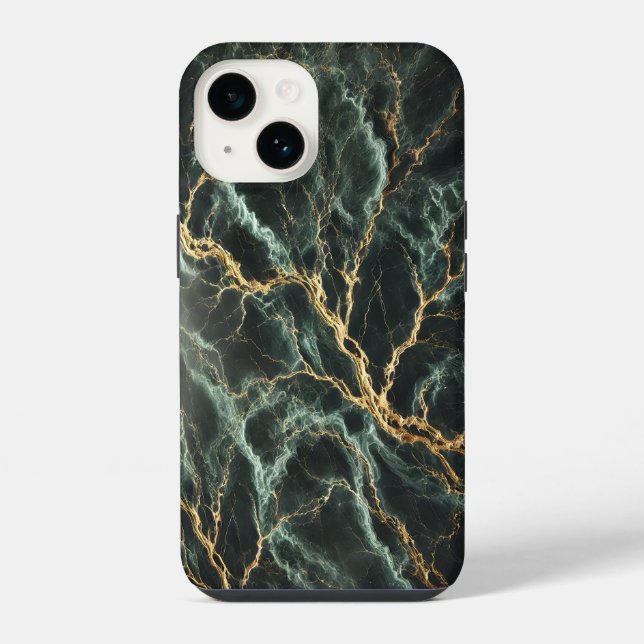 Coque iPhone Marbre vert foncé avec veines dorées  (Verso)