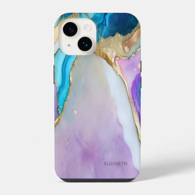 Coque iPhone Marbre Violet Bleu Chic Élégant    (Verso)