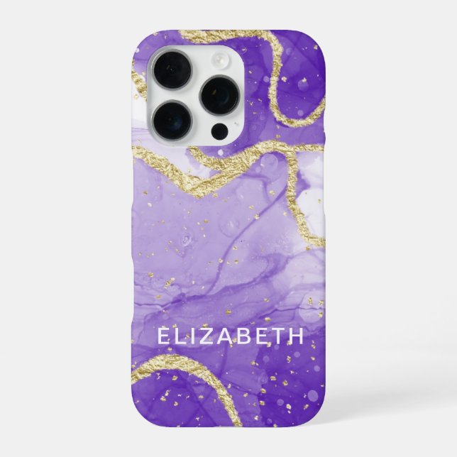 Coque iPhone marbre violet et or paillettes personnalisé  (Verso)