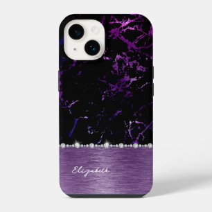 Coque Pour iPhone 14 Marbre Violet Noir Moderne Faux Paillettes Monogra