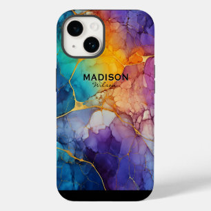 Coque Pour iPhone 14 Marbrure de monogramme chic et coloré en faux or p