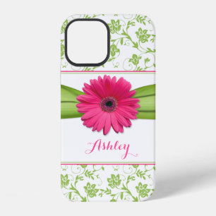 Coque iPhone 12 Marguerite de Gerber rose damassé floral vert