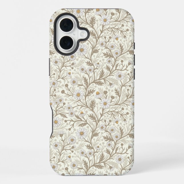 Coque iPhone Marguerites en blanc et marron sur fond blanc cass (Verso)