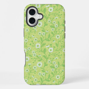 Coque iPhone 16 Plus Marguerites en blanc et vert sur fond vert miel