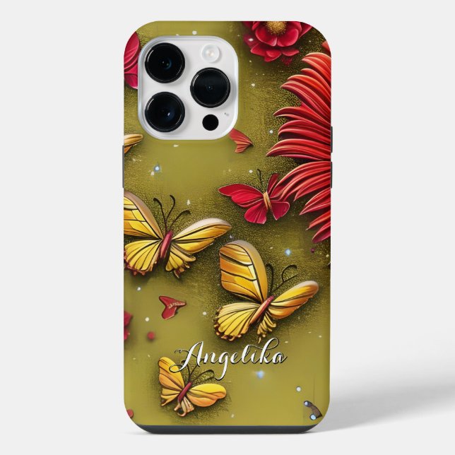 Coque iPhone Marguerites Rouges Papillons Dorés Nom Personnalis (Verso)
