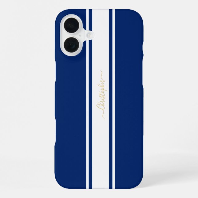 Coque iPhone Marine Bleu Blanc Coulisses Or Monogramme (Verso)