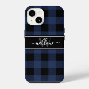 Coque Pour iPhone 14 Marine Bleu Buffalo Plaid Nom du Motif Monogramme