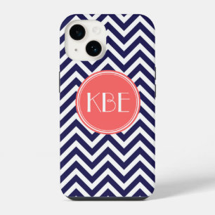 Coque Pour iPhone 14 Marine bleu et corail moderne Chevron Custom Monog