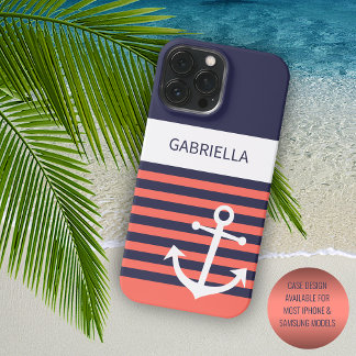 Coque iPhone 15 Pro Max Marine bleu foncé blanc Pêche rouge orange rayures