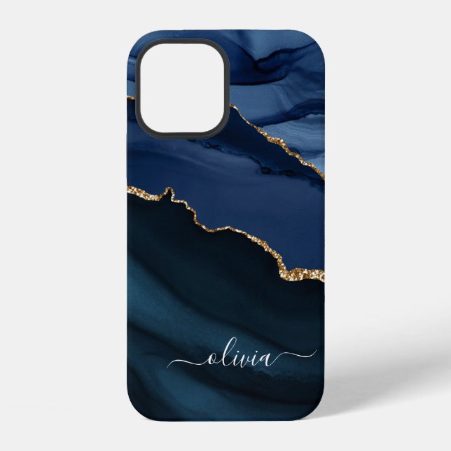 Coque iPhone Marine Blue Agate Geode Or Monogramme Coque-Mate i (Verso)