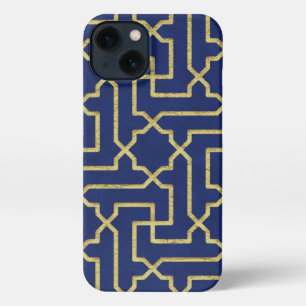Etui iPhone 13 Marine Blue & Faux Gold Motif de mosaïque marocain