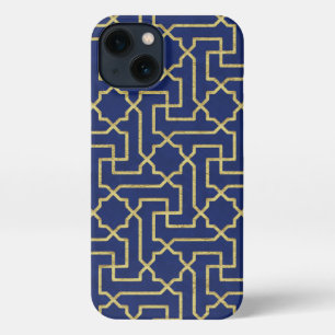 Etui iPhone 13 Marine Blue & Faux Gold Motif de mosaïque marocain