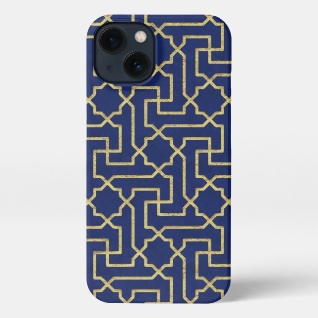 Coque iPhone Marine Blue & Faux Gold Motif de mosaïque marocain (Verso)