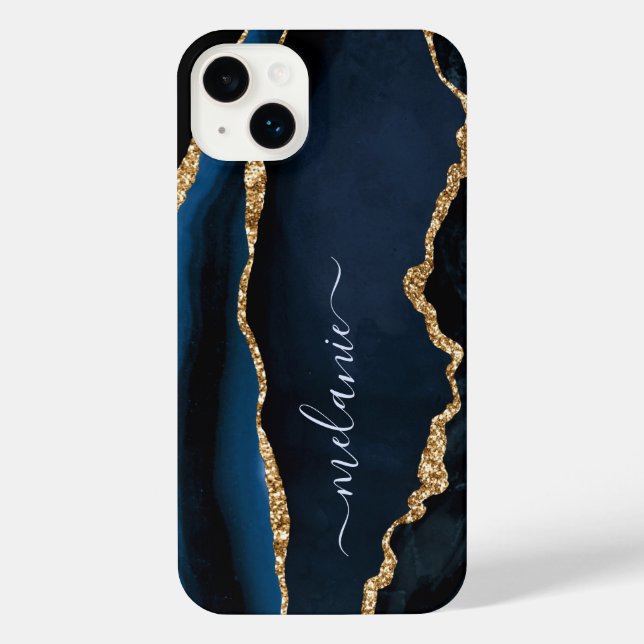 Coque iPhone Marine Blue Gold Marble Personnalisé Votre nom coq (Verso)