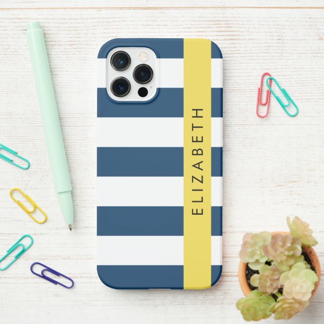 Coque iPhone Marine Blue Stripes, Motif rayé, Votre nom (Sur le bureau)